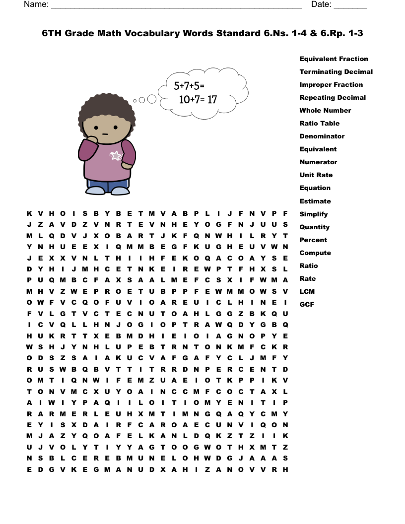 5th Grade Math Word Search Printable