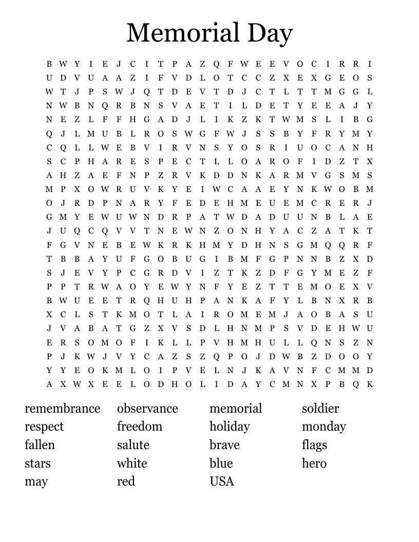 Memorial Day Word Search WordMint Memorial Day Word Search WordMint
