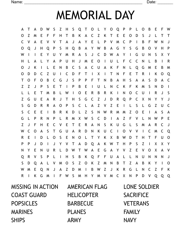 MEMORIAL DAY Word Search WordMint