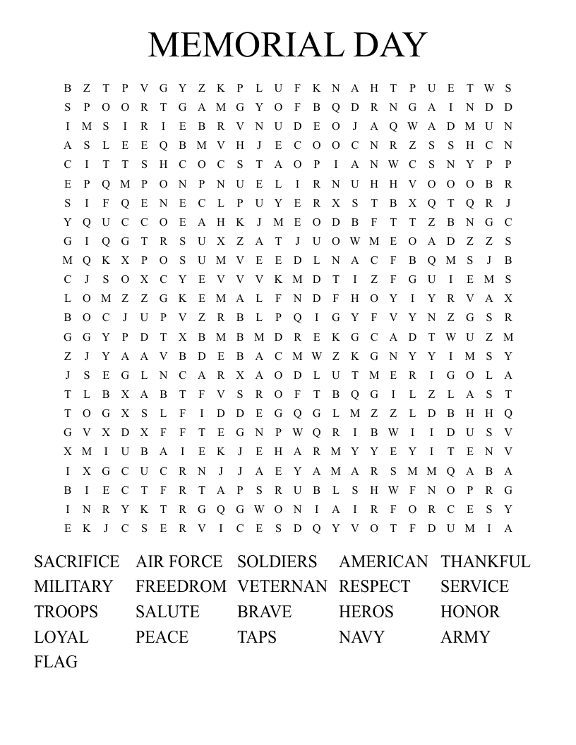 Memorial Day Word Search For Kids
