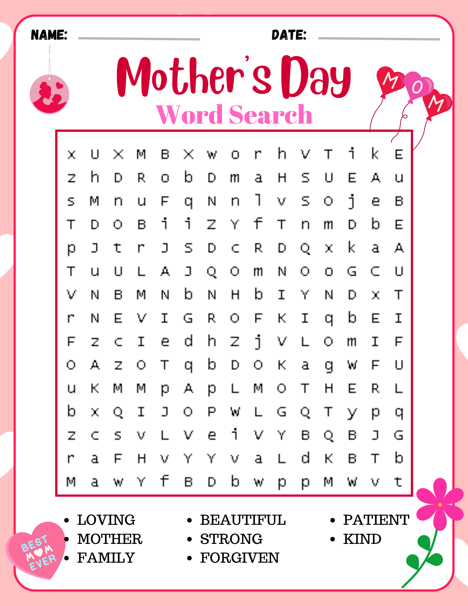 Mother's Day Word Search For Kids