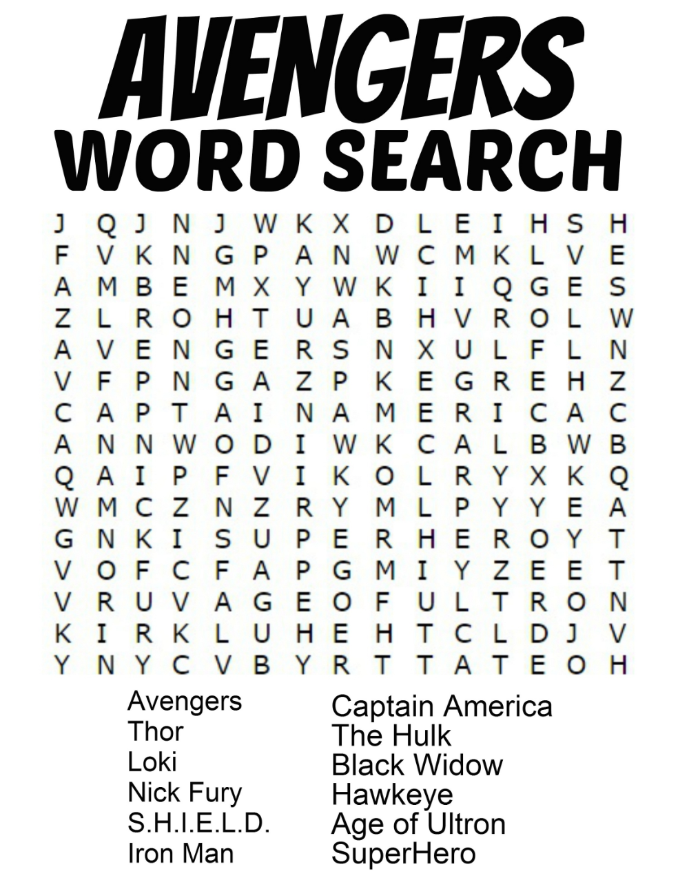 Marvel Movies Word Search