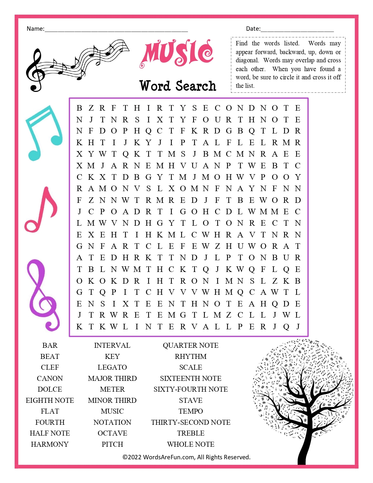Music Word Search For Kids