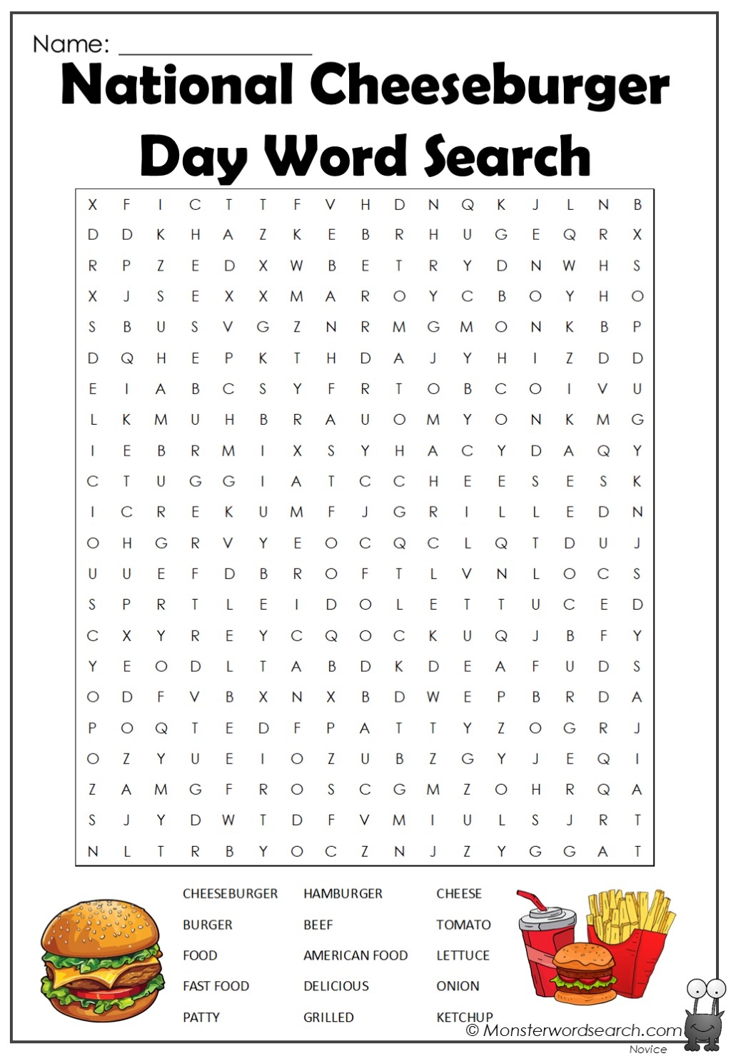 National Cheeseburger Day Word Search Monster Word Search National Cheeseburger Day Word Search Monster Word Search