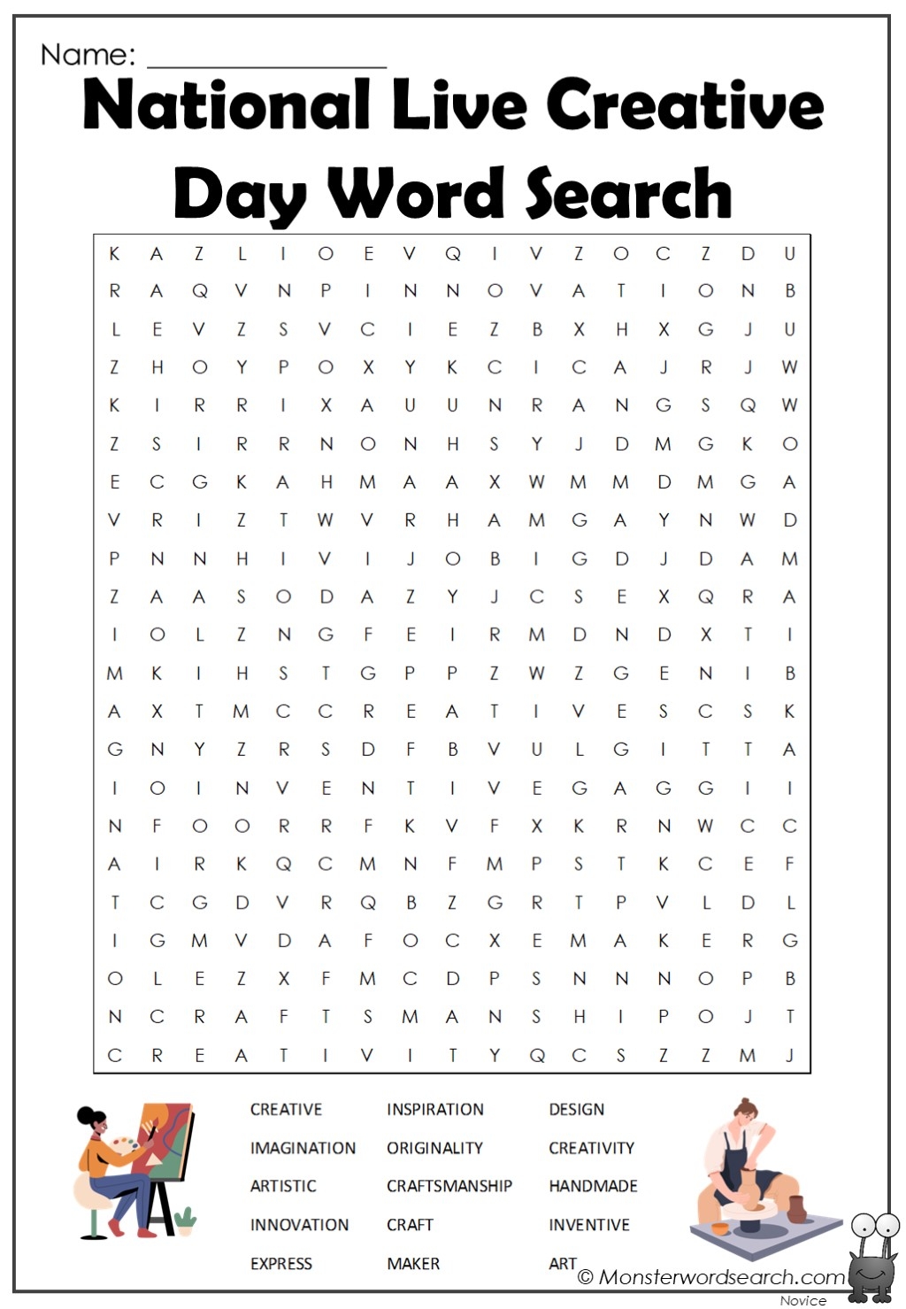 National Live Creative Day Word Search Monster Word Search