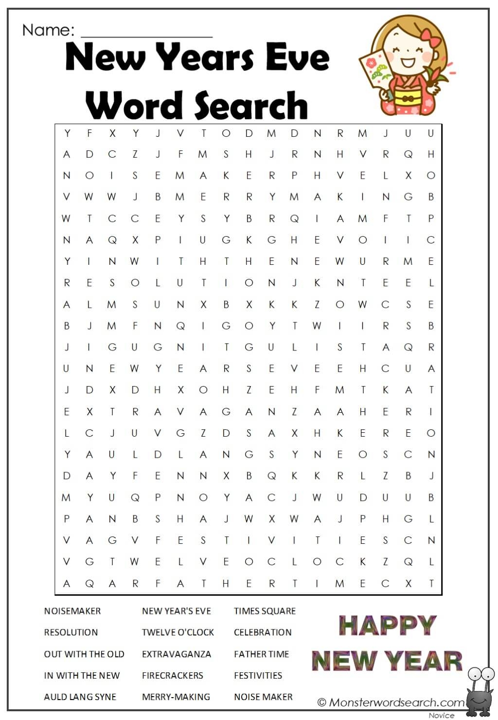 New Years Eve Word Search Monster Word Search New Years Eve Word Search Monster Word Search