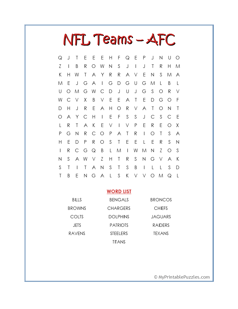 NFL Teams AFC Word Search My Printable Puzzles NFL Teams AFC Word Search My Printable Puzzles