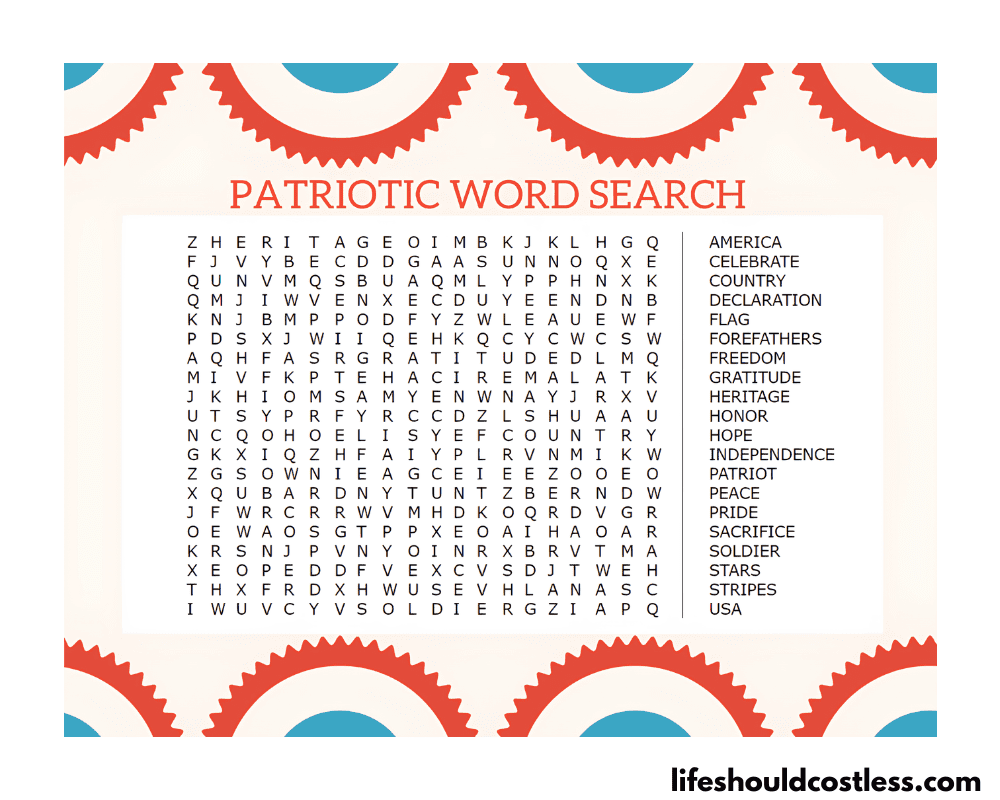 Patriotic Word Search Puzzles free Printable PDF Life Should Cost Less