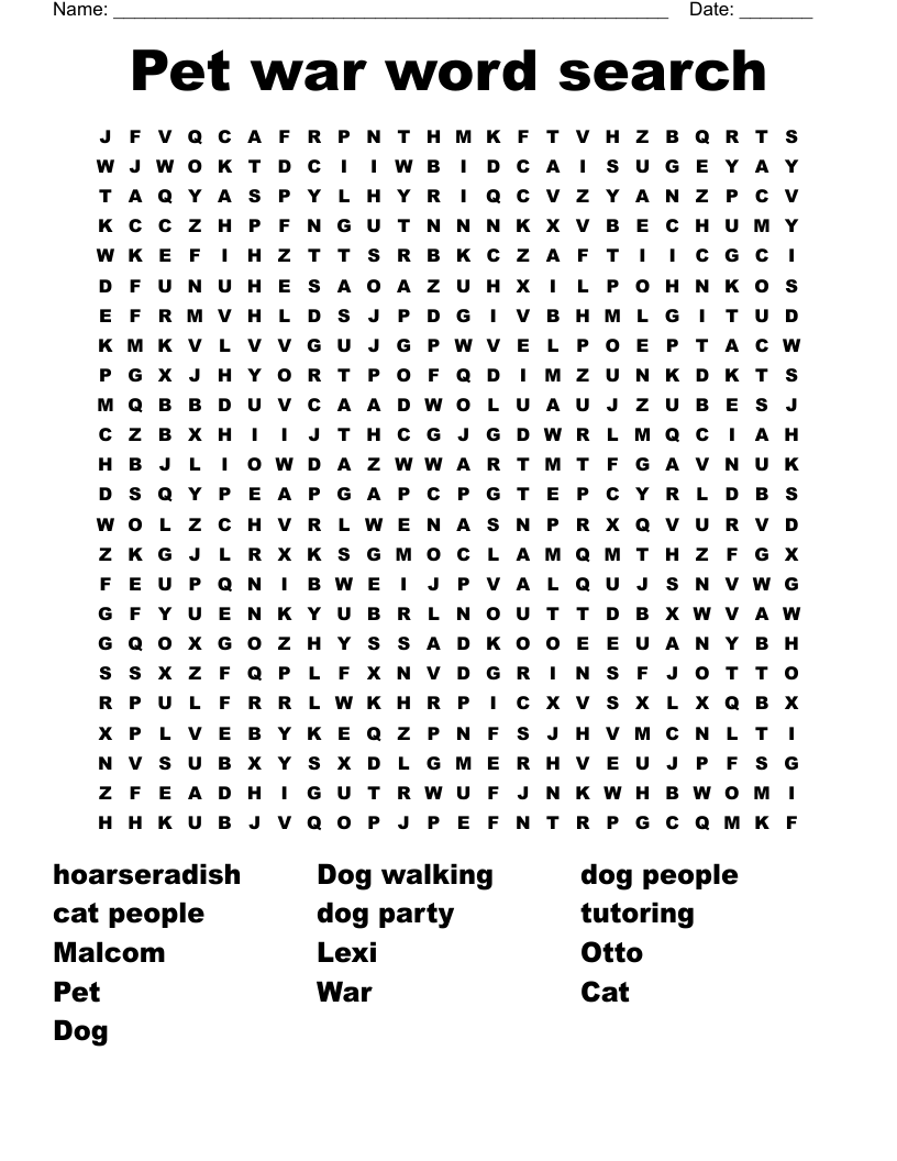 Pet War Word Search WordMint