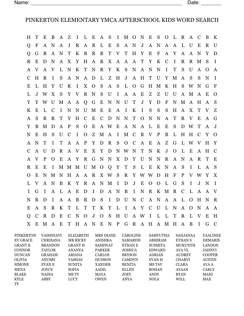 PINKERTON ELEMENTARY YMCA AFTERSCHOOL KIDS WORD SEARCH WordMint PINKERTON ELEMENTARY YMCA AFTERSCHOOL KIDS WORD SEARCH WordMint