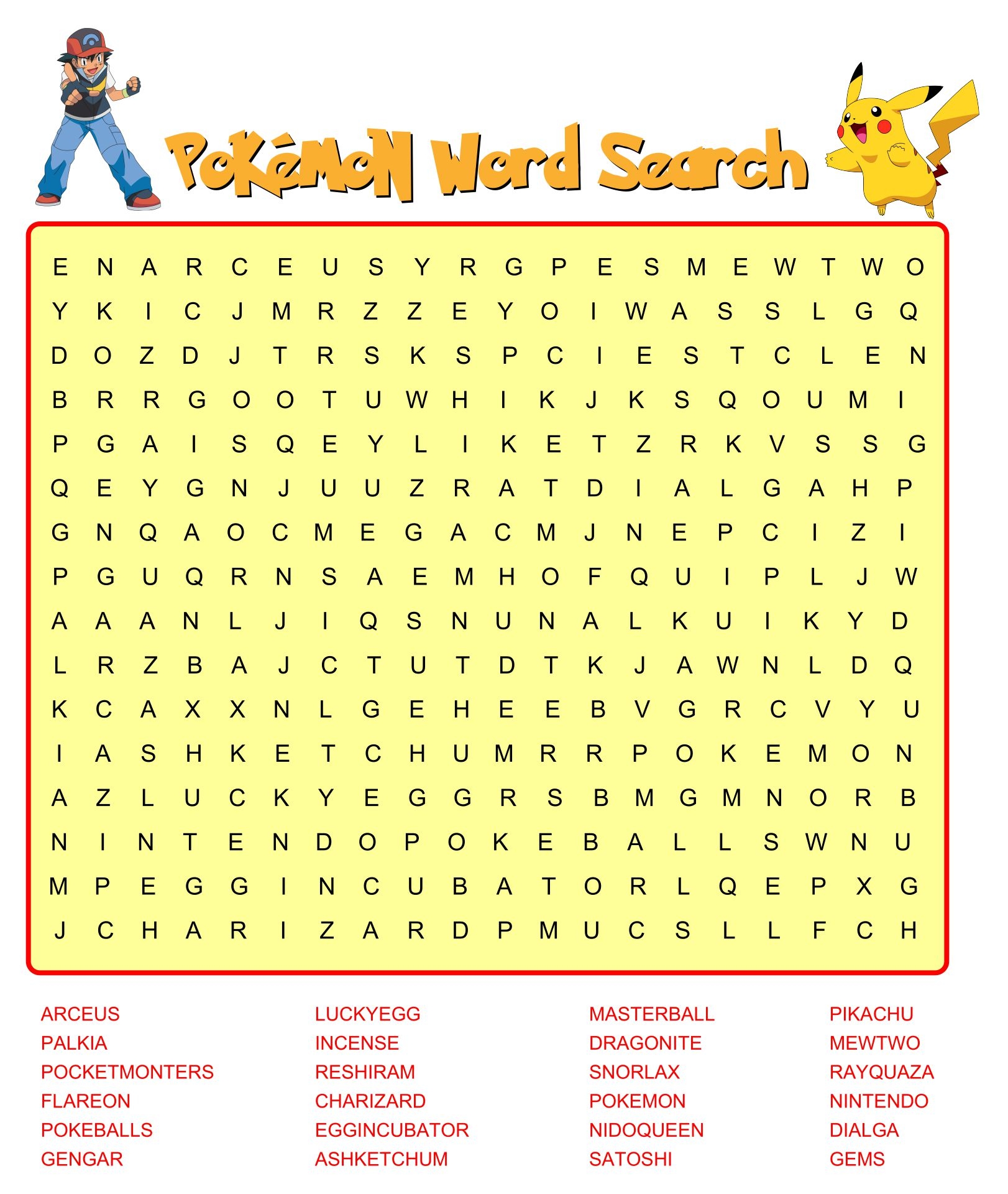 Word Search Pokemon Printable