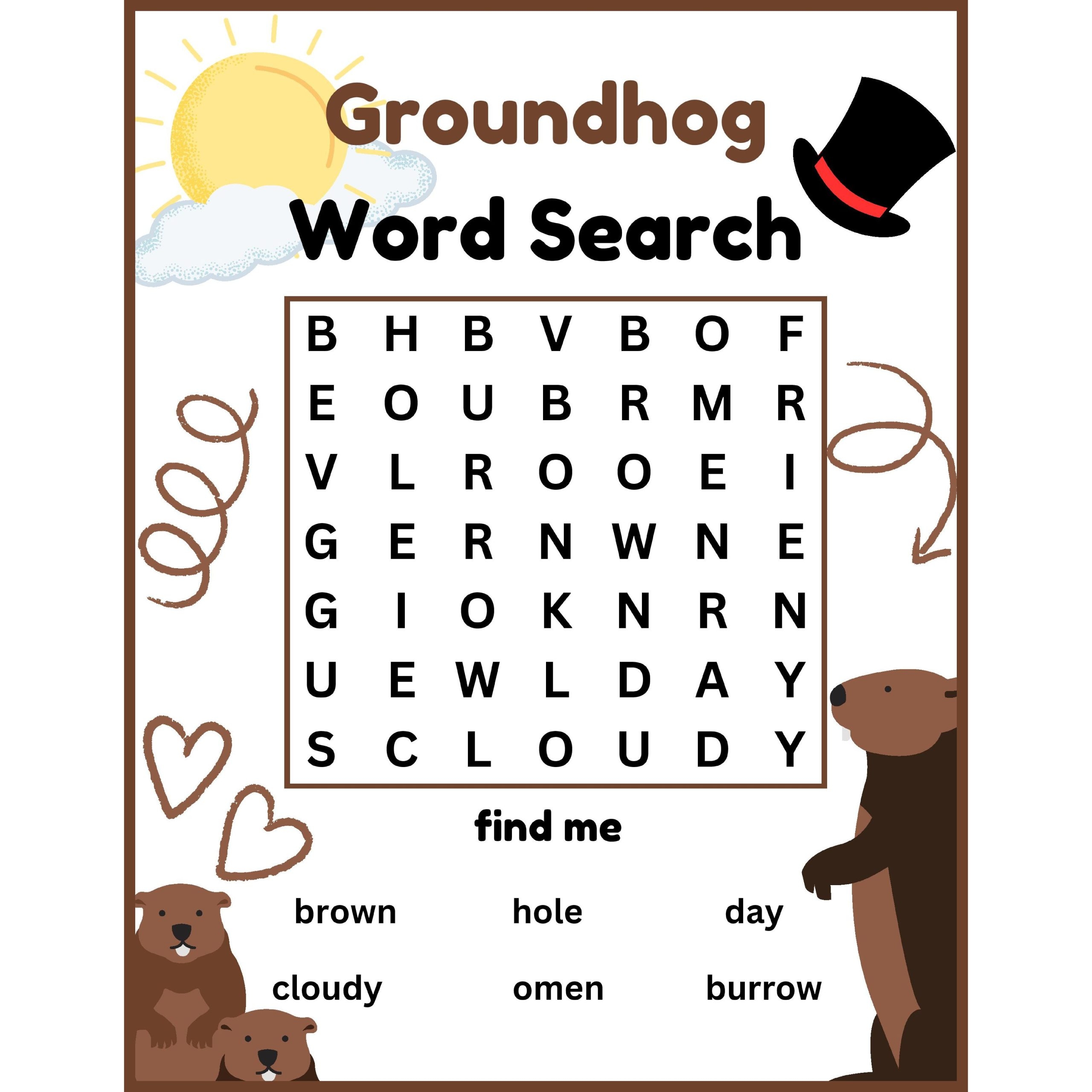 preschool kindergarten groundhog word search puzzle worksheet