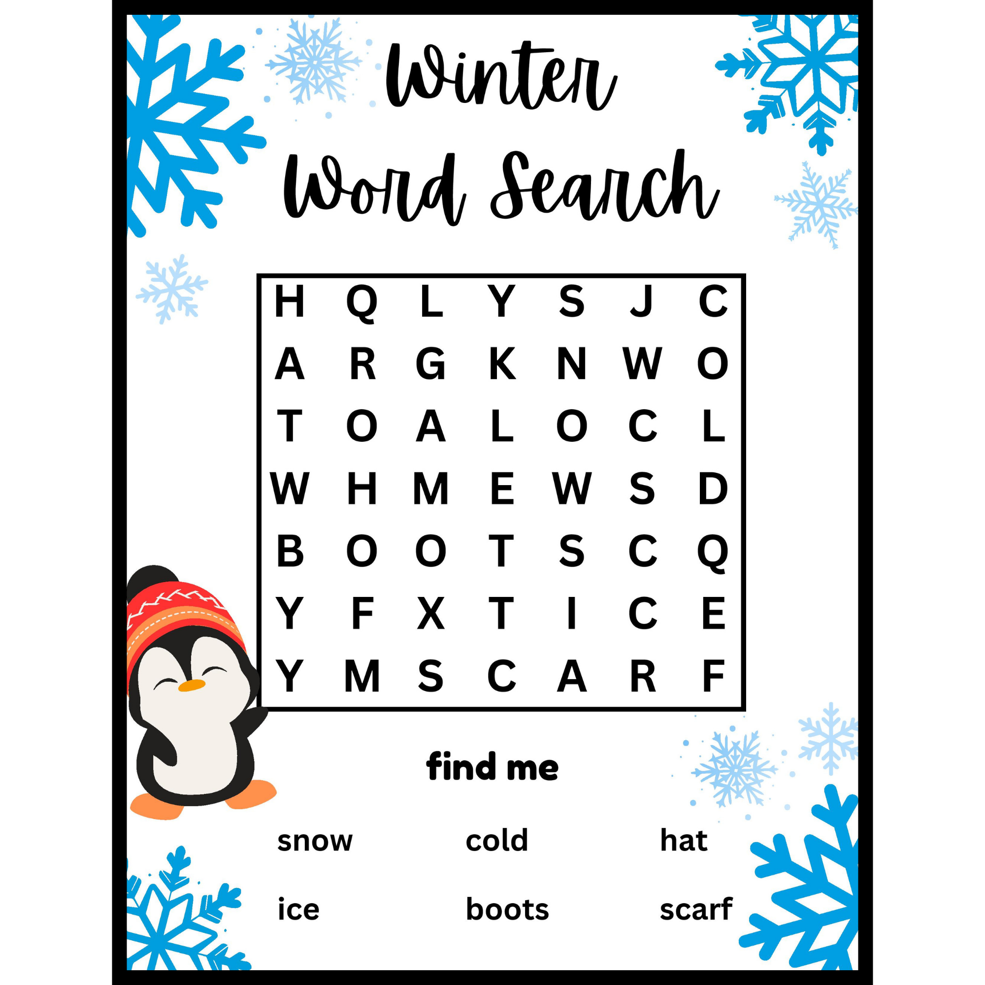 preschool kindergarten winter word search puzzle worksheet