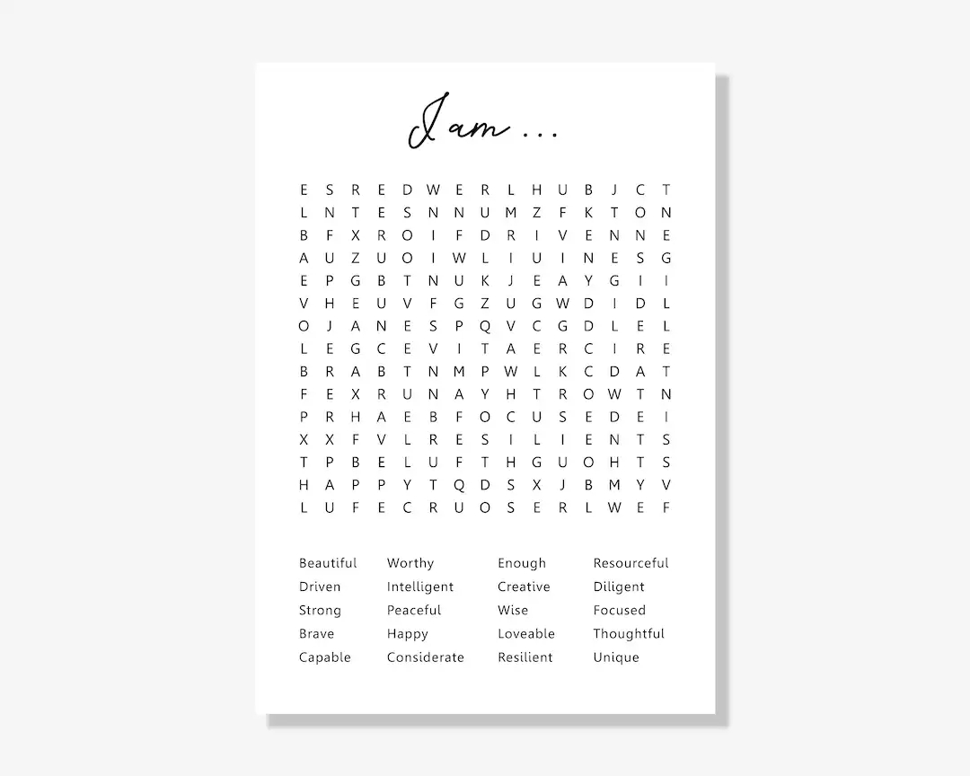 Printable Affirmation Word Search Mental Health Word Search Positive Words Word Search Instant Download Etsy