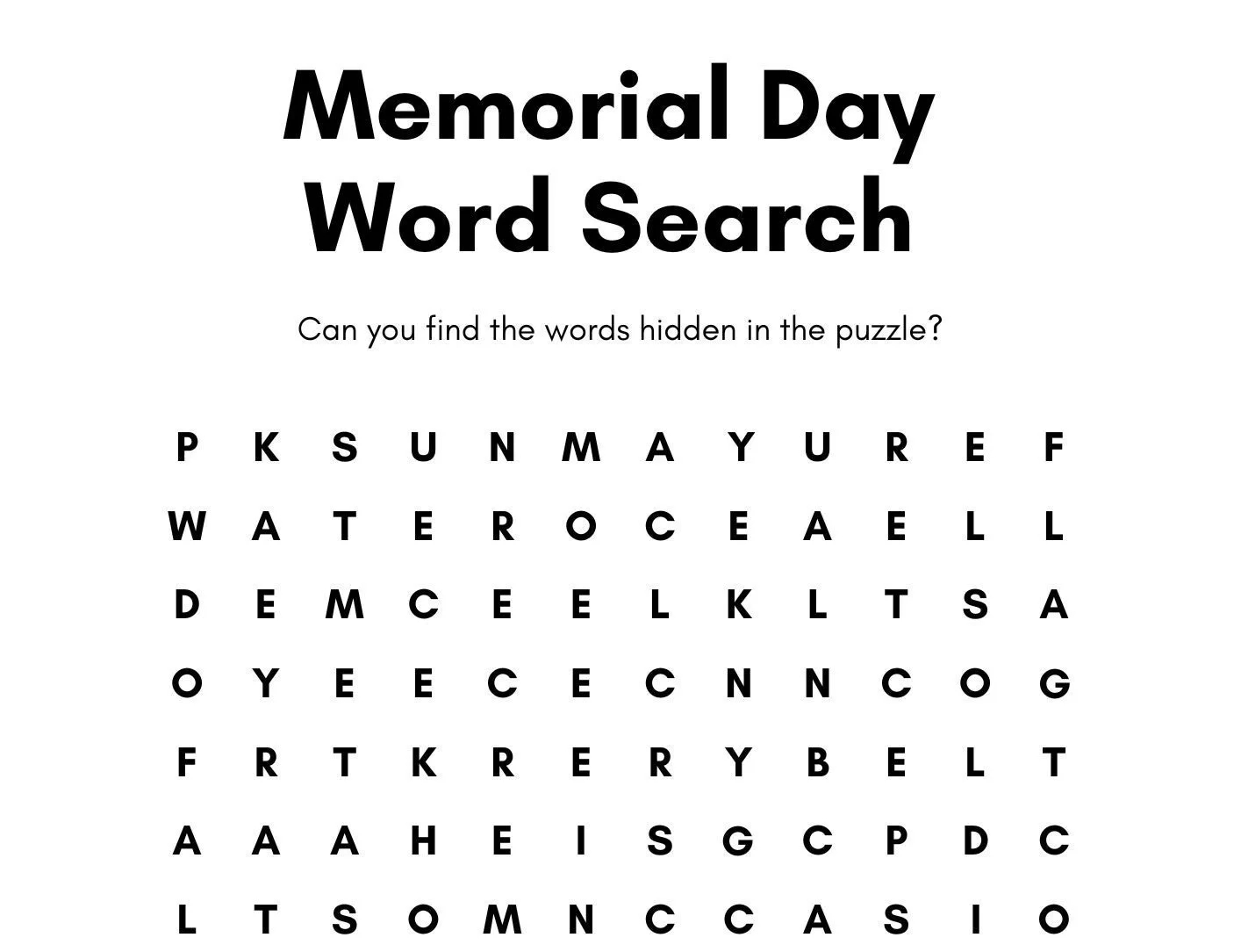PRINTABLE Memorial Day Word Search Etsy UK