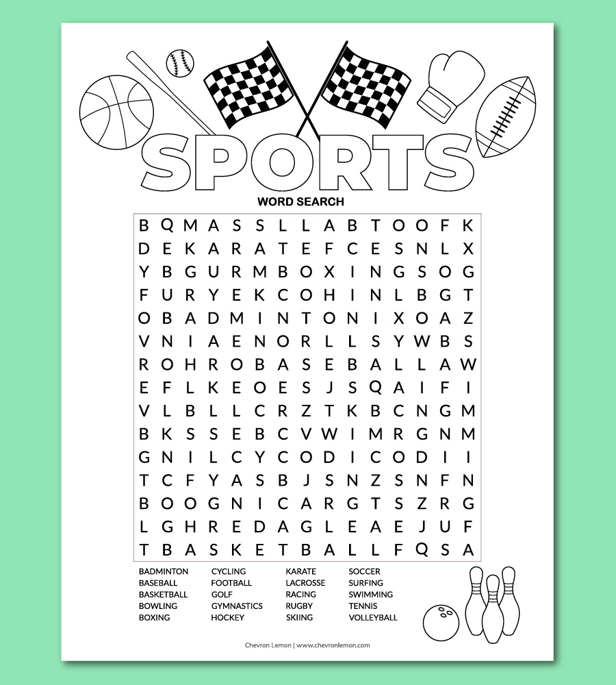 printable sports word search puzzle chevron lemon