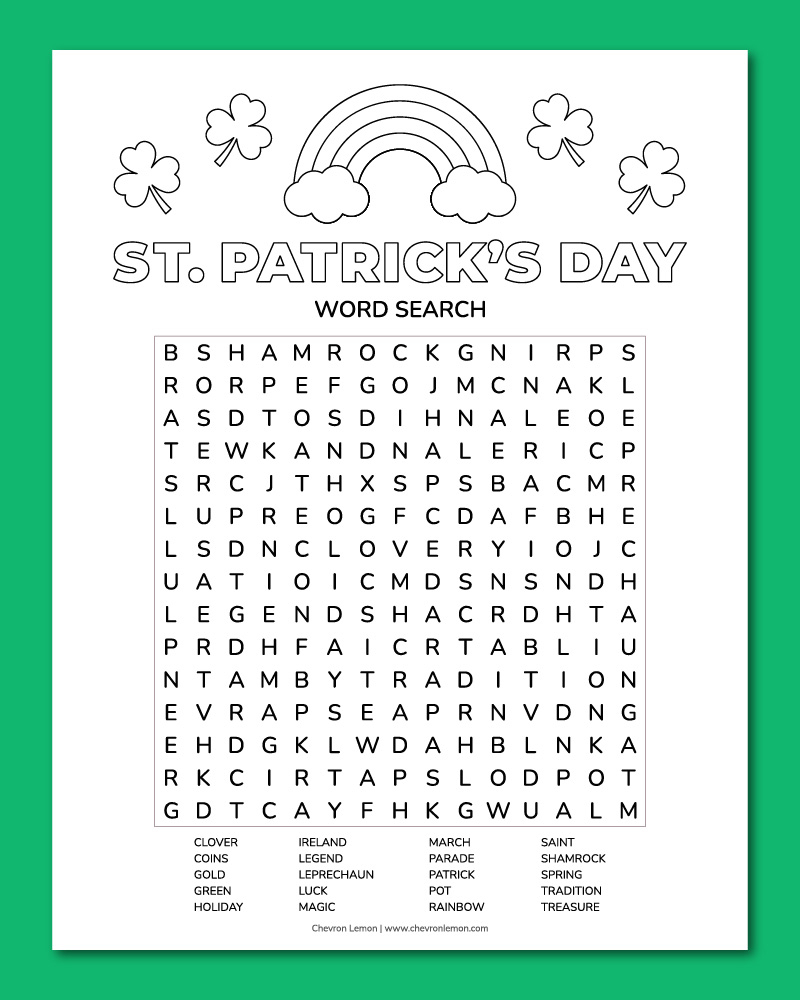 Printable St Patrick s Day Word Search Chevron Lemon