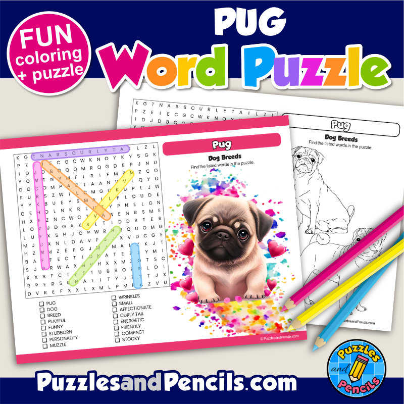 Pug Word Search Puzzle Activity Page And Coloring Dog Breeds Made By Teachers
