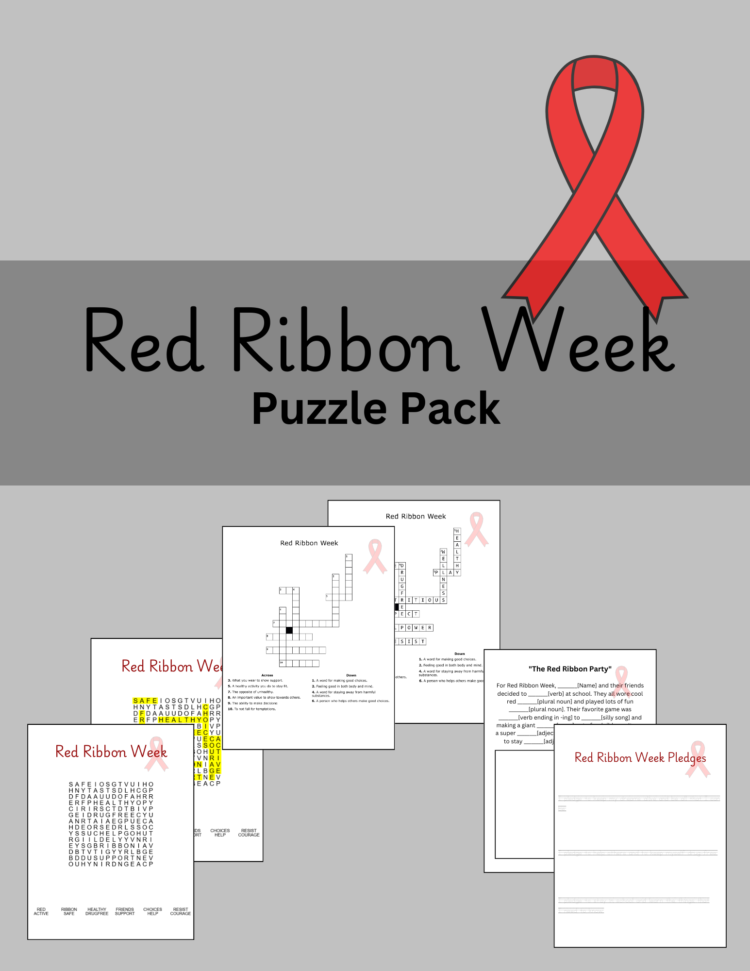 Red Ribbon Week Printable Drug Free Word Search Crossword Mad Lib Tracing Activity Pack Classful