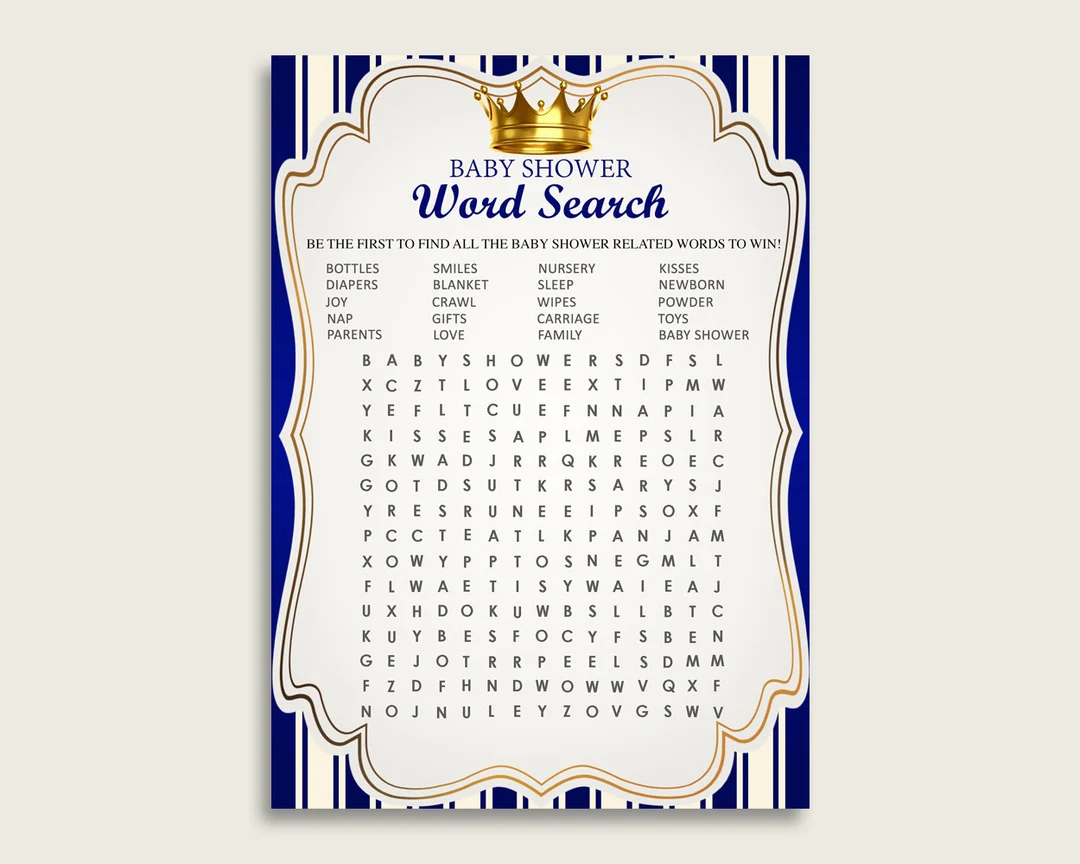 Royal Prince Word Search Game Blue Gold Baby Shower Word Search Cards Printable Boy Baby Shower Activities Hidden Words Instant Rp001 Etsy