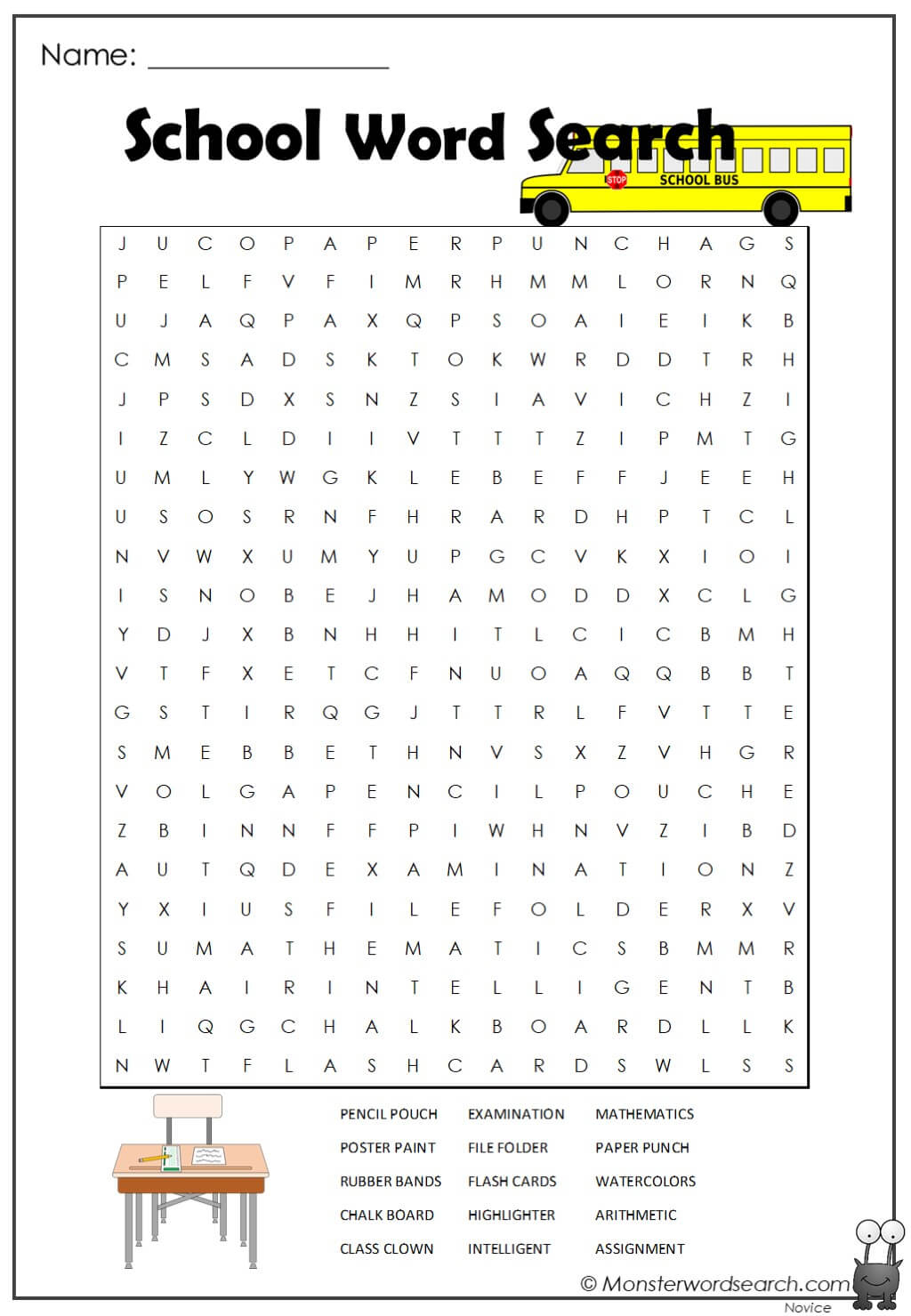 School Word Search Monster Word Search