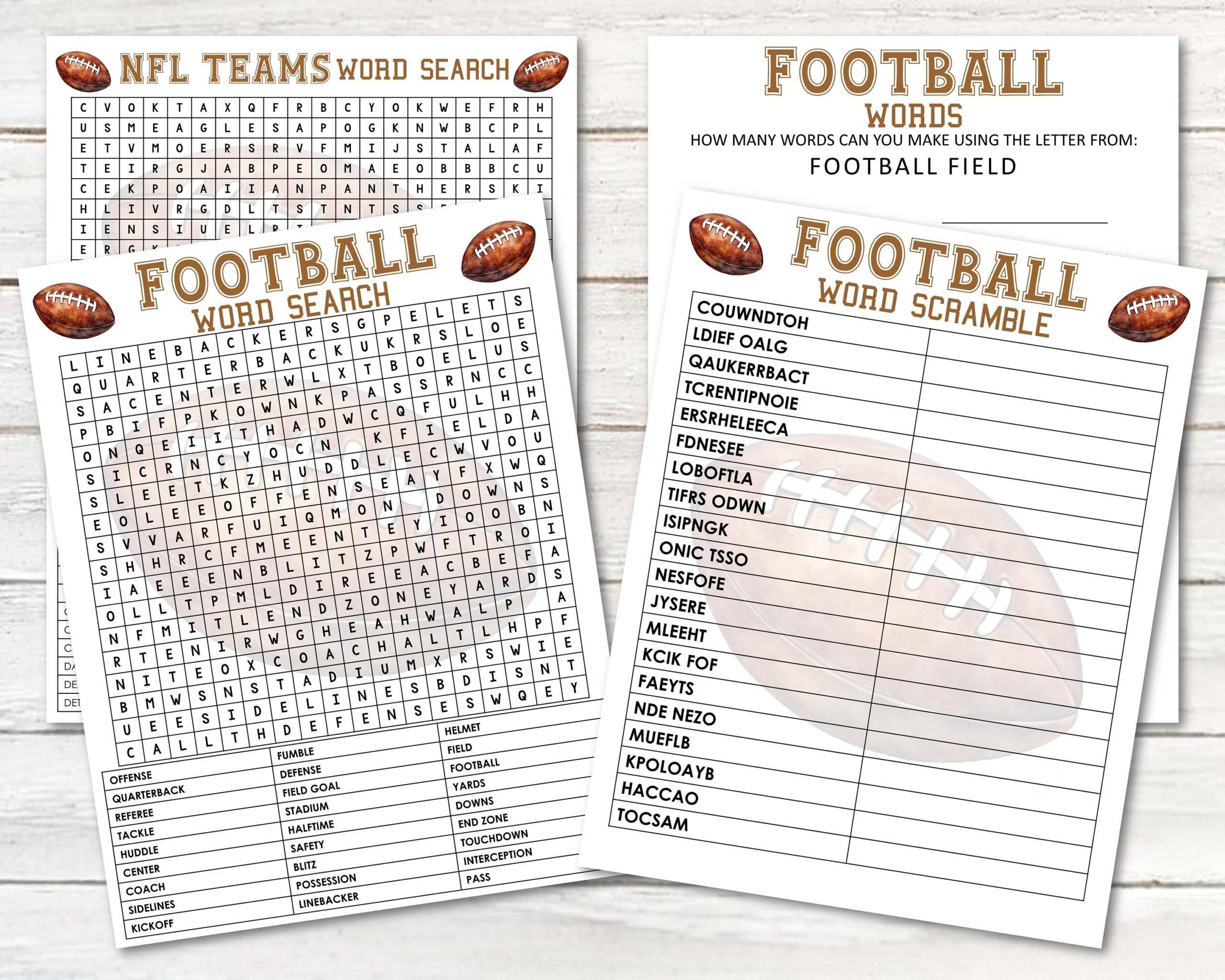 Set Of 4 FOOTBALL GAMES Word Searches Word Scramble Anagram 