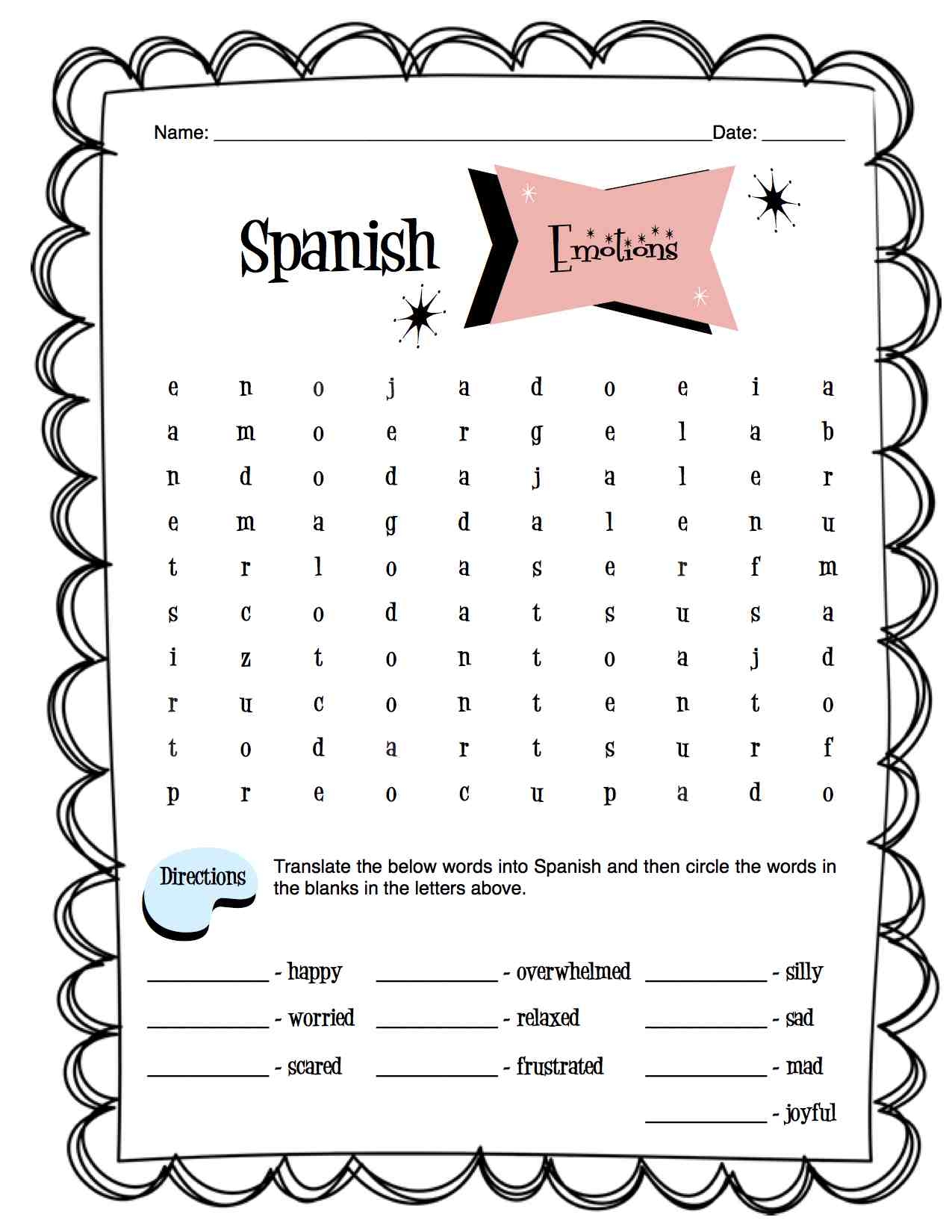 Spanish Human Emotion Words Worksheet Packet Made By Teachers