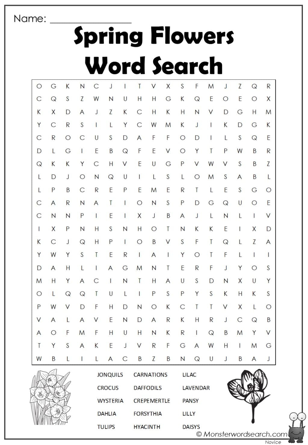 Spring Flowers Word Search Monster Word Search