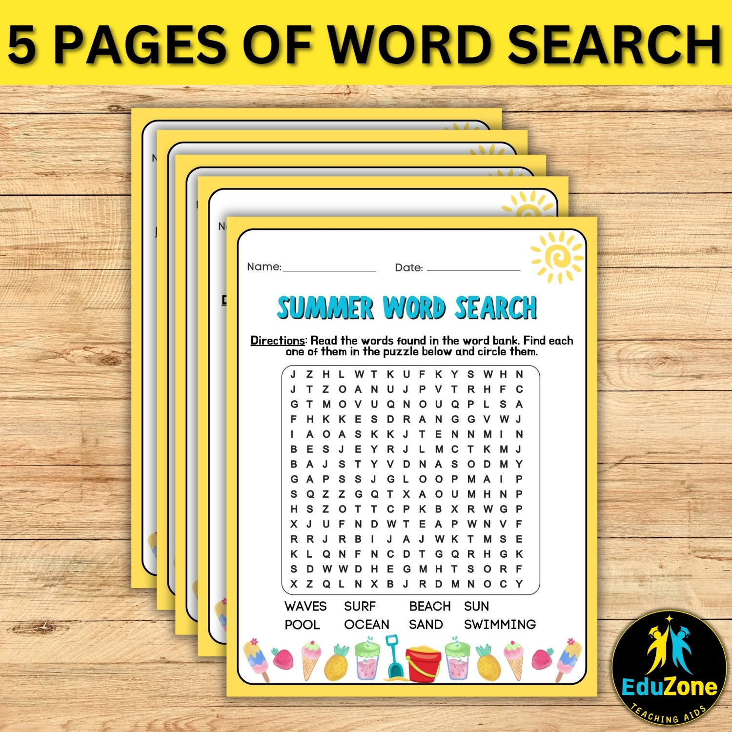 1st Grade Summer Word Search Free Printable