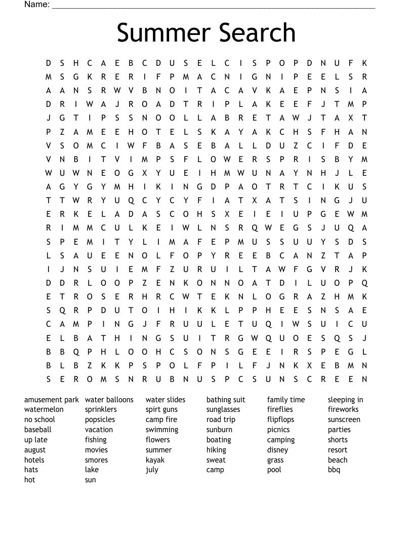 Printable Summer Word Search Large Print