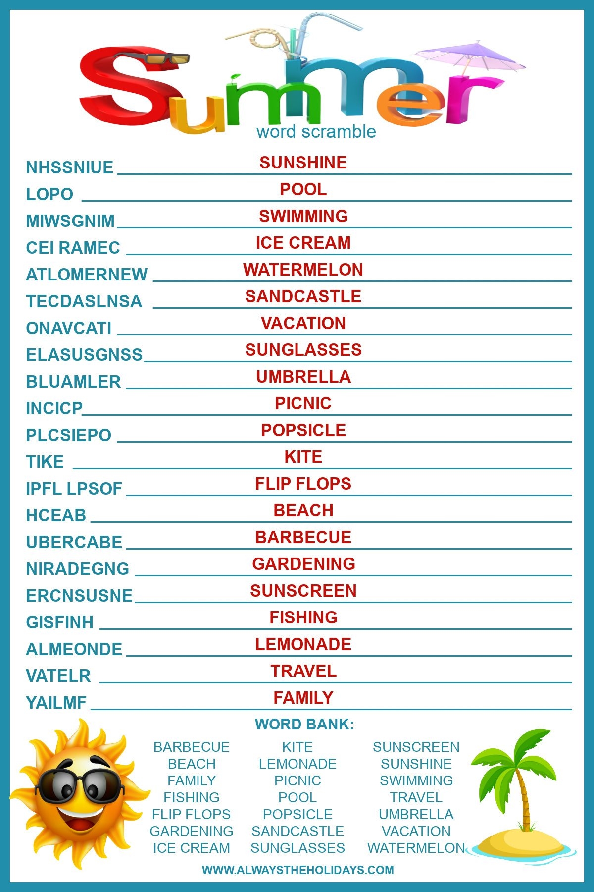 summer word scramble with answers free printable for kids