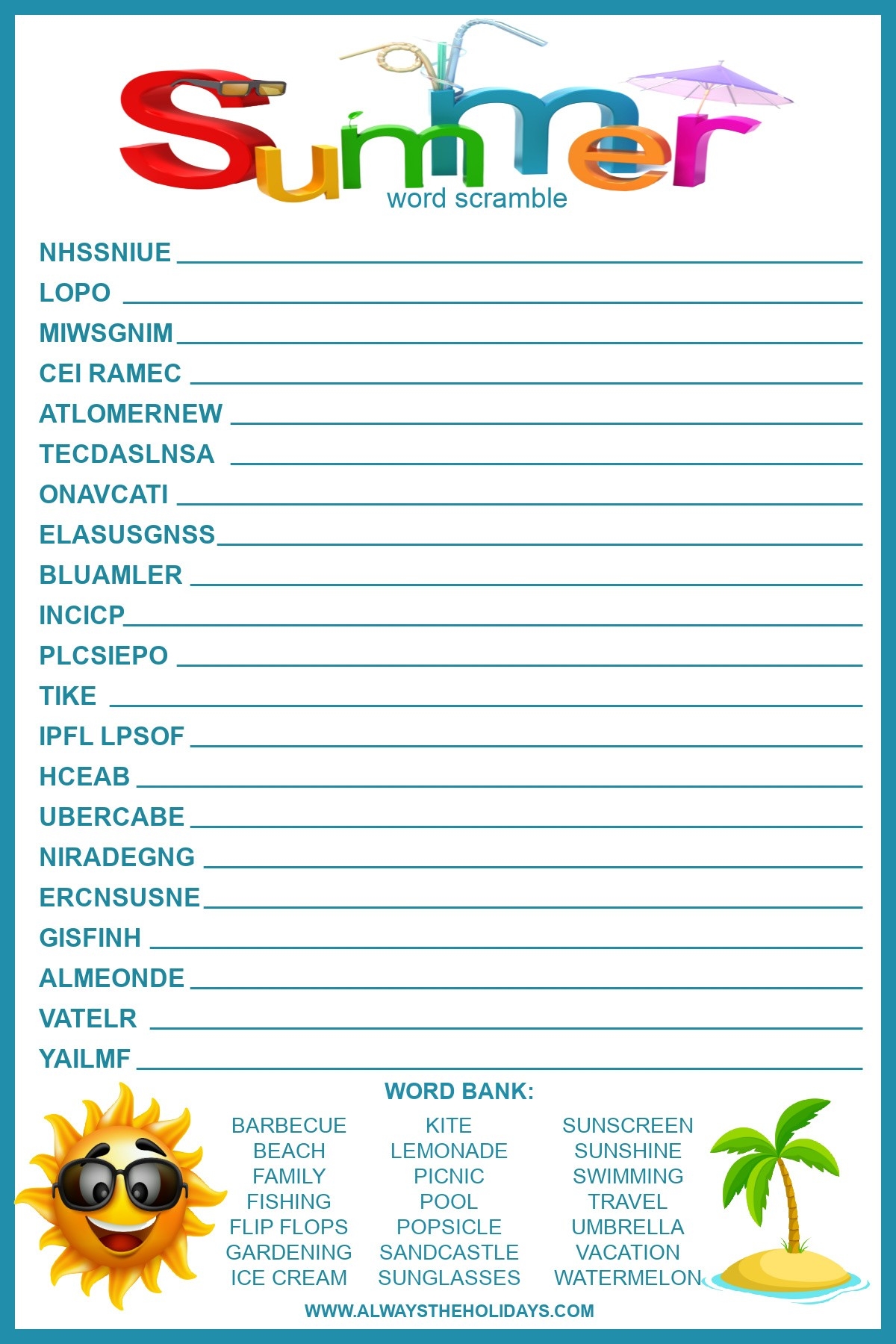 Free Printable Summer Word Searches For Kids