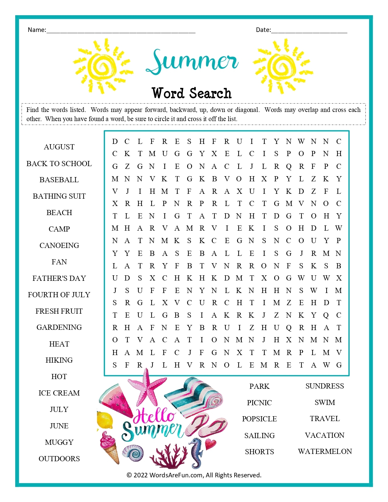 summer word search for kids