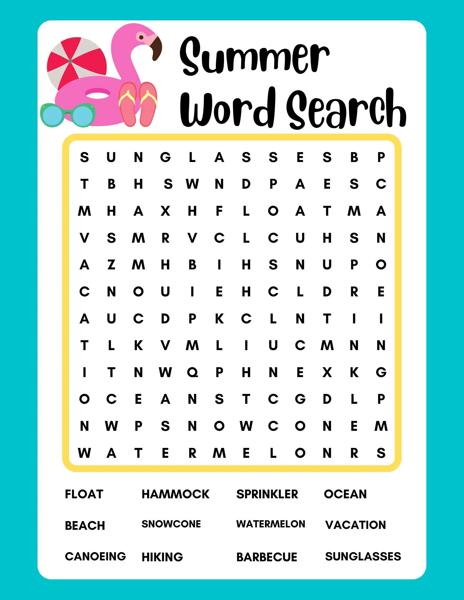 Printable Summer Word Search For Kids