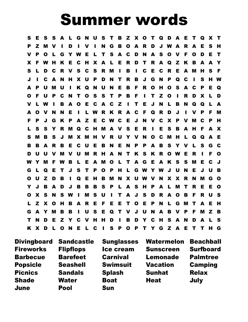 Summer Words Word Search WordMint Summer Words Word Search WordMint