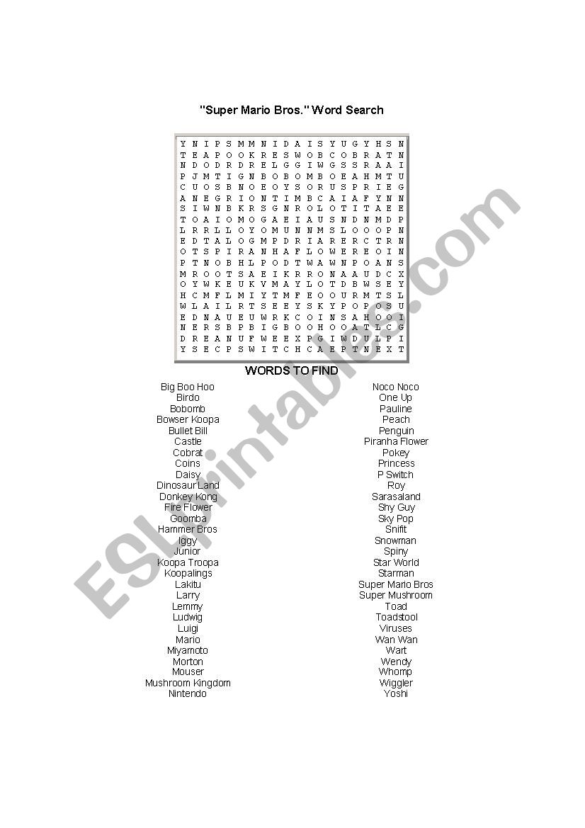 Super Mario Word Search ESL Worksheet By Payner11