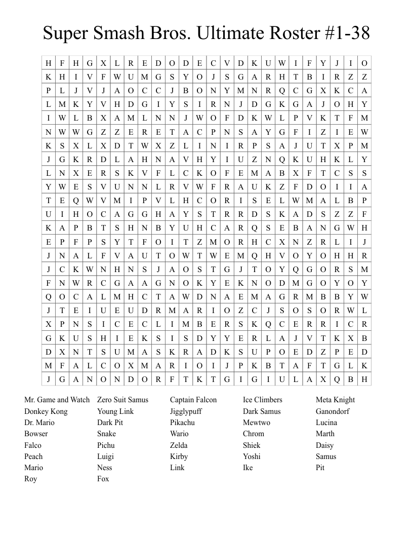 Super Smash Bros Ultimate Roster 1 38 Word Search WordMint