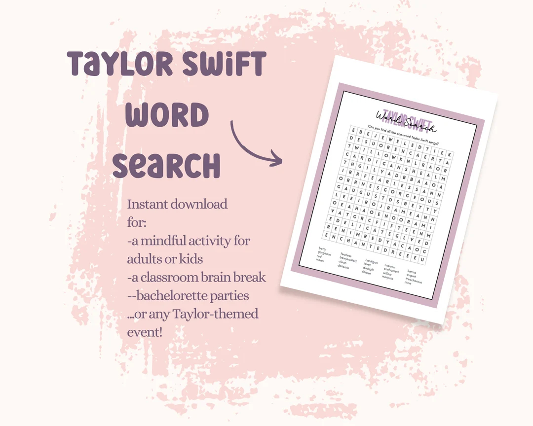 Taylor Swift Word Search Printable Word Search Swiftie Songs Digital Print Taylor Swift Songs Word Search Puzzle Party Activity Etsy