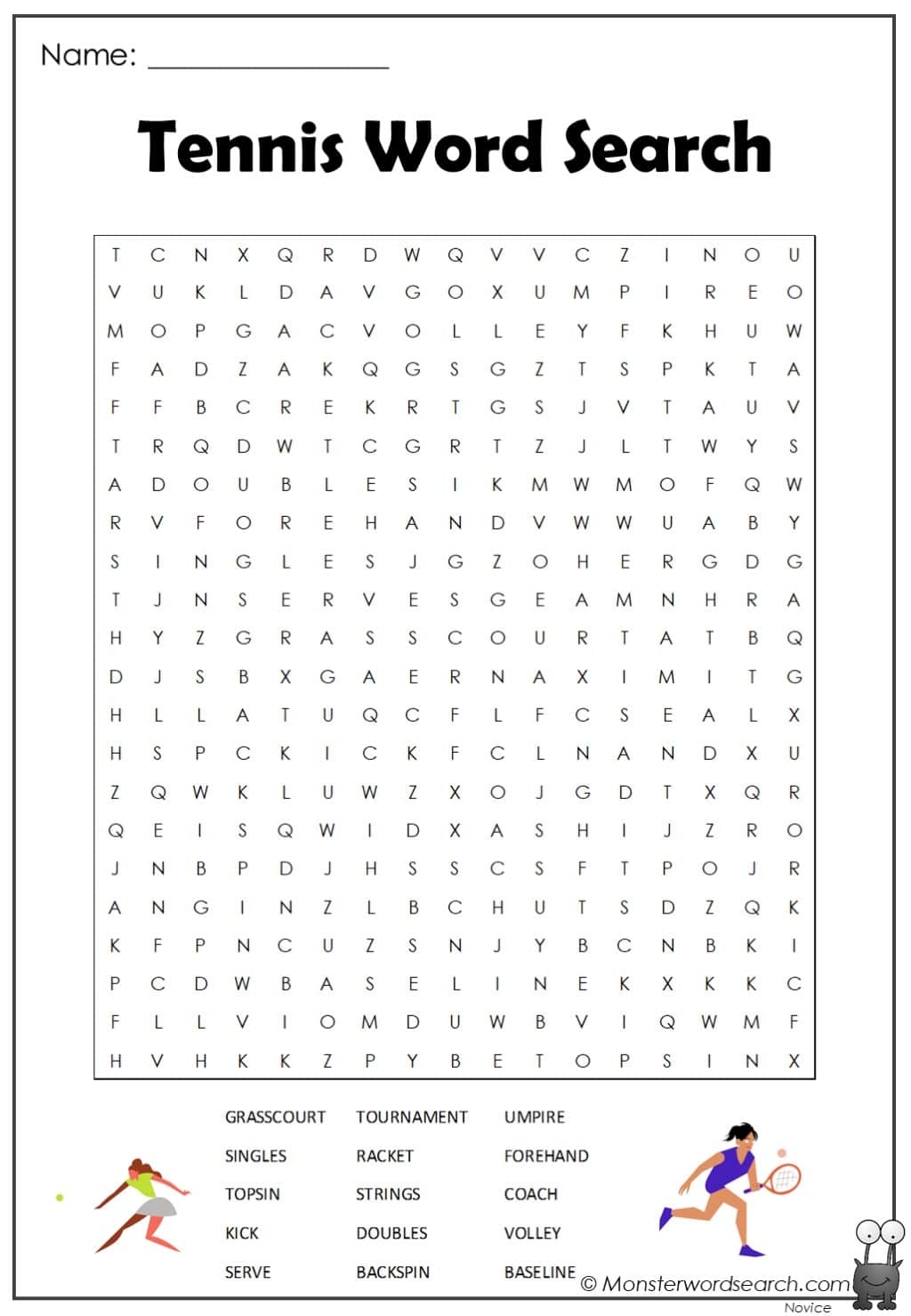 Tennis Word Search Monster Word Search