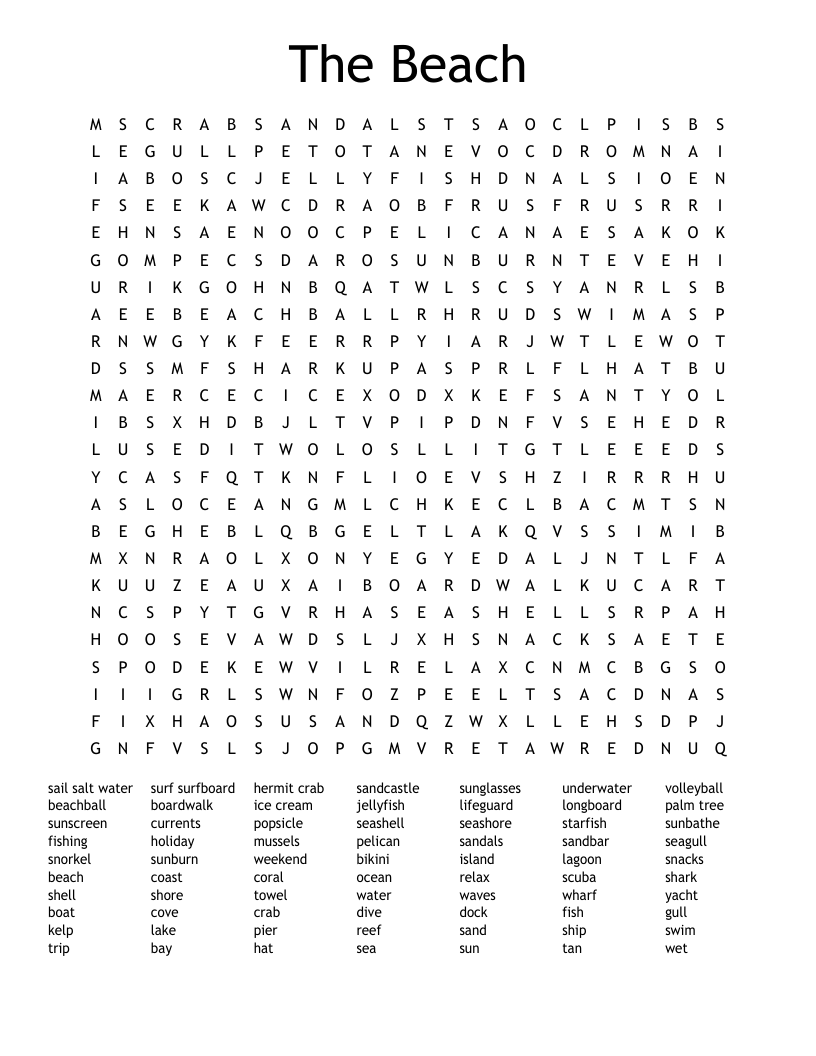 the beach word search wordmint
