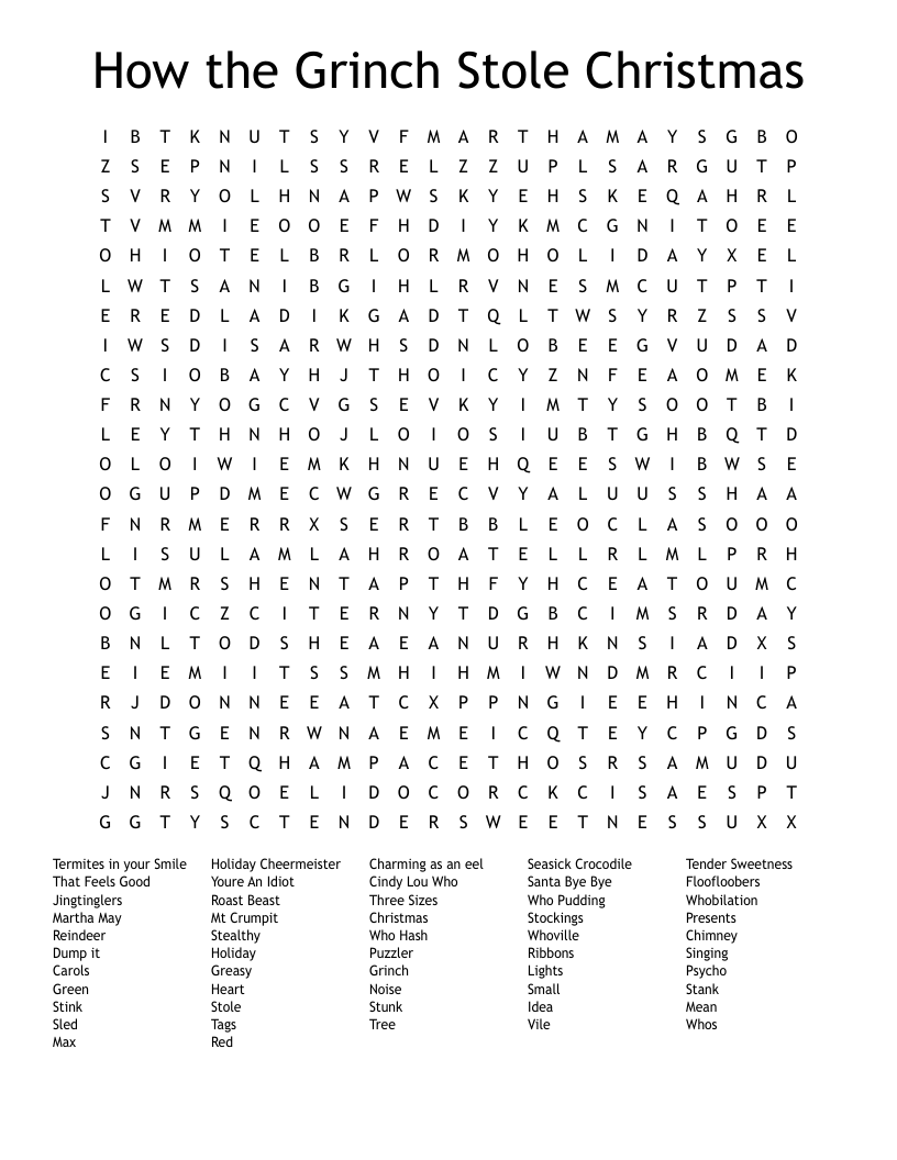 The Grinch That Stole Christmas Word Search WordMint