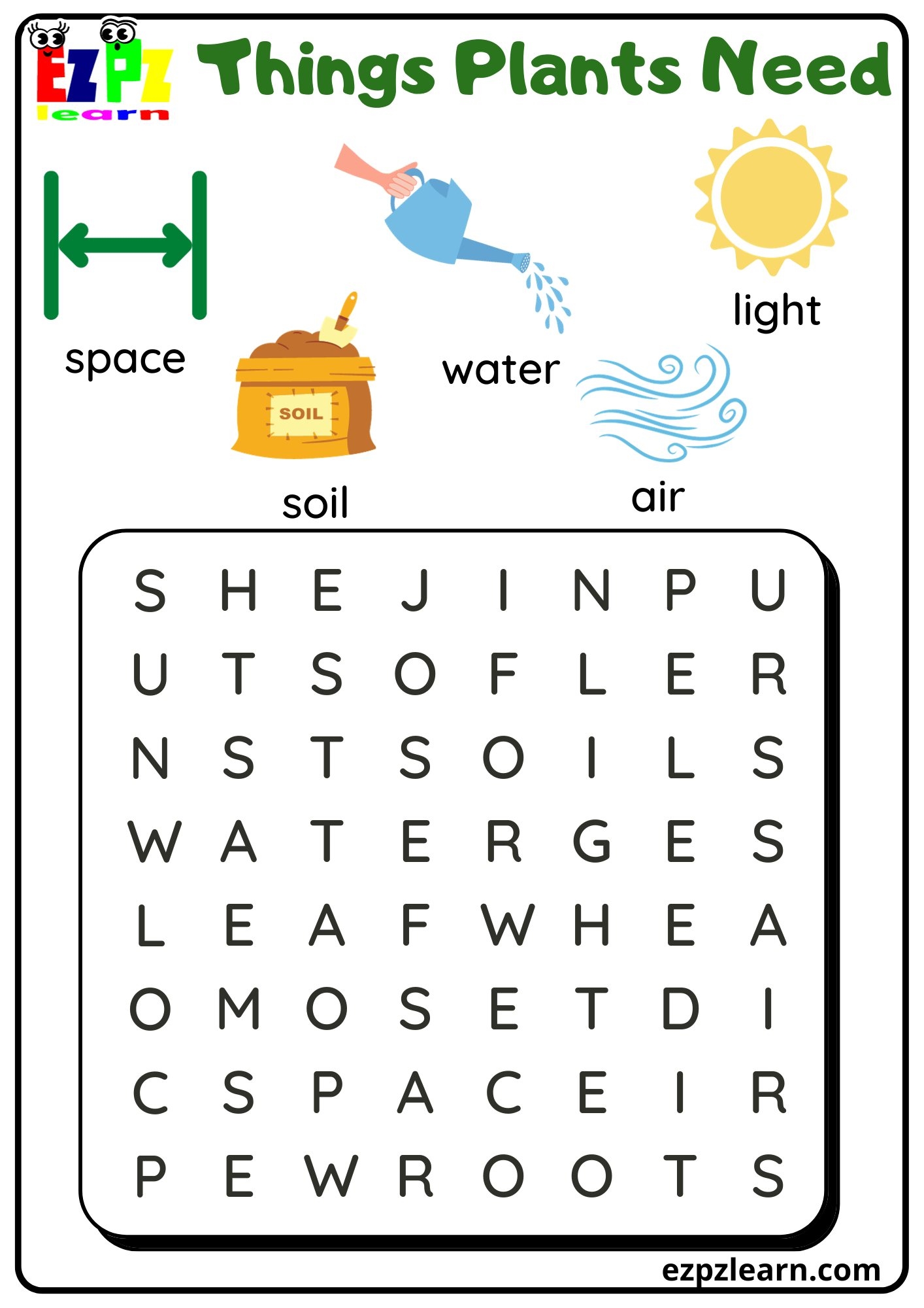 things plants need vocabulary worksheet word search activity for kindergarten and esl students free printable pdf download ezpzlearn