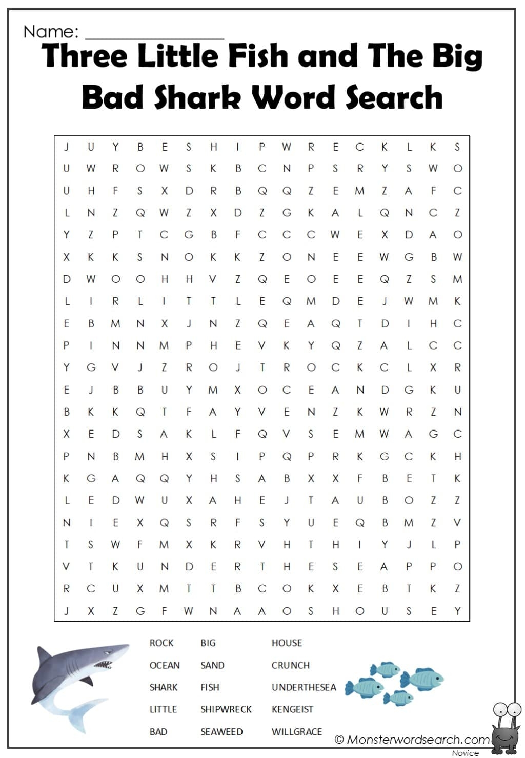 Three Little Fish And The Big Bad Shark Word Search Monster Word Search
