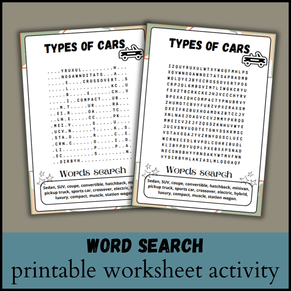 Types Of Cars Word Search Puzzle Worksheet Activity Made By Teachers