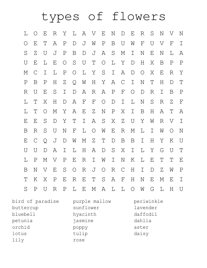 Types Of Flowers Word Search WordMint