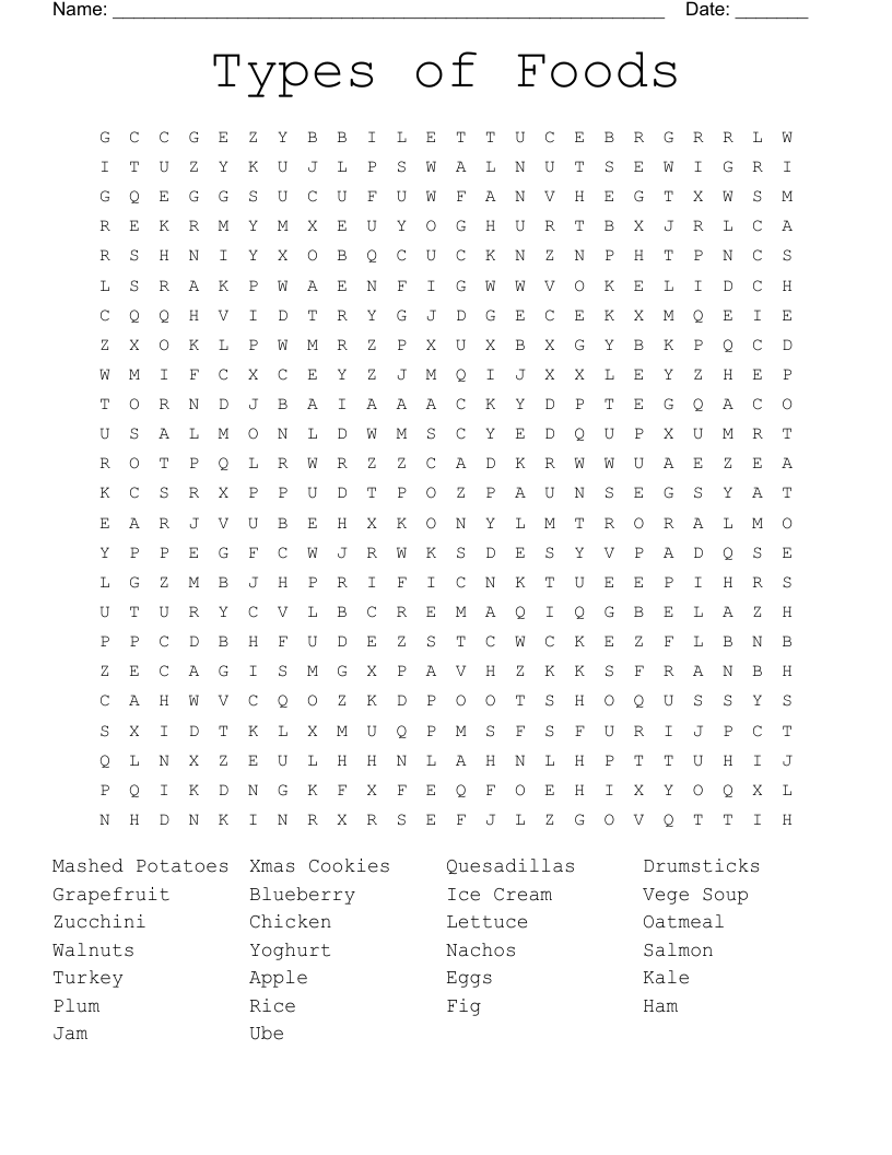 Types Of Foods Word Search WordMint