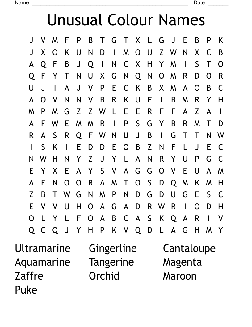 Unusual Colour Names Word Search WordMint
