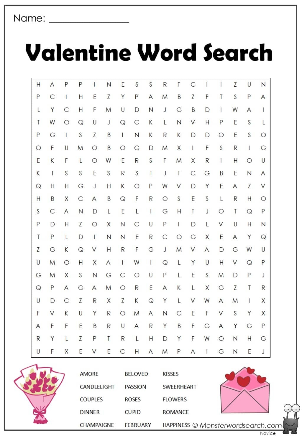 valentine word search monster word search