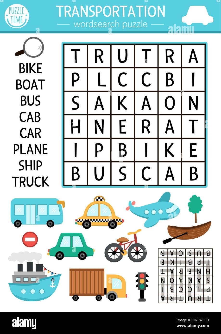vector transportation wordsearch puzzle for kids simple word search quiz educational activity with plane ship car bus boat bike cab truck cr stock vector image u0026 art alamy