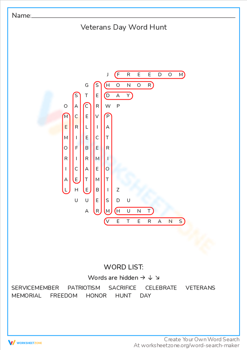 Veterans Day Word Hunt Find Patriotic Terms Celebrate Worksheet